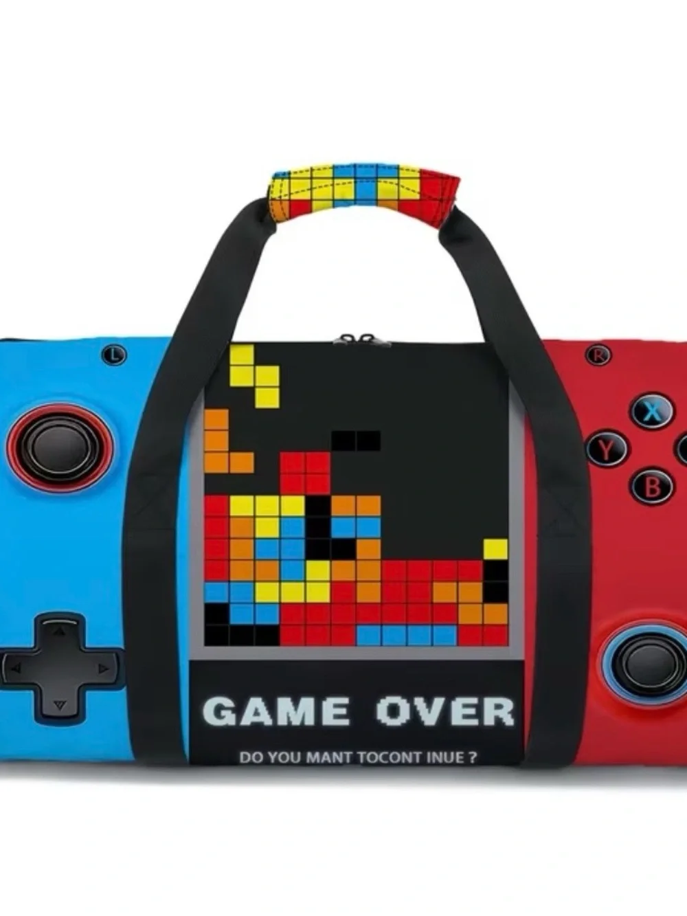 Retro Pixel 'Game Over' Travel Duffel Bag - Black/Red/Blue